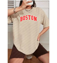 Unisex Boston Baskılı T-shirt (Bej)