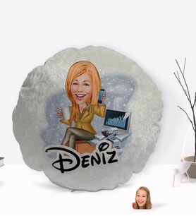 BK Gift Kişiye Özel İsimli Kadın Muhasebeci Karikatürlü Yuvarlak Dekoratif Kırlent Yastık-1