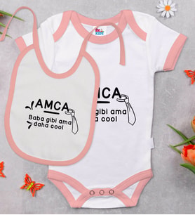 BK Kids Amca Baba Gibi Tasarımlı Pembe Bebek Body Zıbın ve Mama Önlüğü Hediye Seti-1