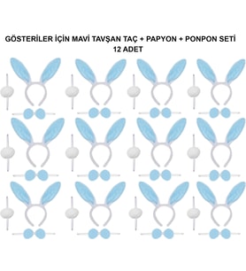 Mavi Tavşan Kostüm Seti - Taç, Papyon, Ponpon (12 li Paket) (4767)