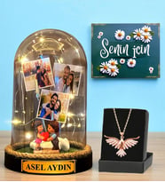 Premium Set - Kişiye Özel Led Işıklı Fanus ve Zümrüdü Anka Kuşu Kolyesi (Model 10)