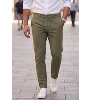 DeepSEA Erkek Slim Fit Çizgili Mavi Kumaş Pantolon – İpli Esnek Bel Likralı Spor Pantolon 2700240