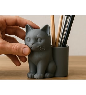 3D Baskı Kedi Figürlü Kalemlik - Masaüstü Organizer - Gri