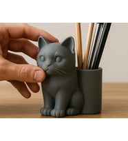 3D Baskı Kedi Figürlü Kalemlik - Masaüstü Organizer - Gri