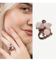 Bakır Bronz Alaşım Kadın Yüzük - Amorf Pembe Kuvars Doğaltaşlı - Retro Tasarım - Ayarlanabilir Ölçü