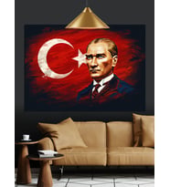 Türk Bayrağı Önünde Atatürk Dekoratif Kanvas - Mdf Ahşap Tablo