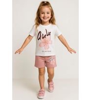 Kız Çocuk Üzeri Girl Yazı ve Lale Detaylı T-Shirt Pudra Şortlu Takım