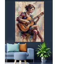 Gitar Çalan Renkli Elbiseli Kadın Dekoratif Kanvas - Mdf Ahşap Tablo