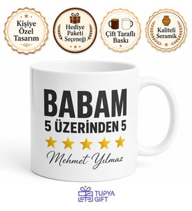 Babam 5 Üzerinden 5 Yazılı Kupa Bardak Babalar Günü Hediyesi