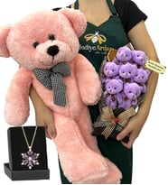 Kişiye Özel Hediye Seti - Ametist Taşlı Lotus Kolye, 7'li Ayıcık Buketi ve Pembe Peluş Ayıcık (Model 4)