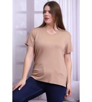 B21399902 Büyük Beden Viskon V Yaka Kısa Kol Bluz BİSKÜVİ (Koyu Bej)