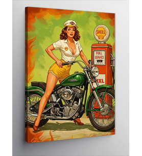Kanvas Tablo Retro Kadın ve Klasik Motorsiklet