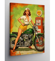 Kanvas Tablo Retro Kadın ve Klasik Motorsiklet