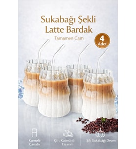 4'lü Sukabağı Latte Cam Bardak Seti, İskandinav Tarz, 400ml