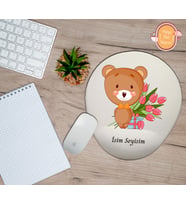 Kişiye Özel Çiçek Lale Buketi Saklayan Sevimli Ayı Temalı Mouse Pad Bilek Destekli
