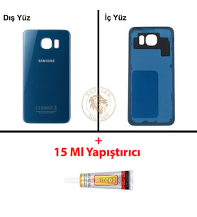 Samsung Galaxy S6 Mavi Renk Arka Kapak + B7000 Yapıştırıcı Arka Cam Batarya Kapağı Pil Kapağı Lazer Kesim Back Cover Galaxy S6 Uyumlu