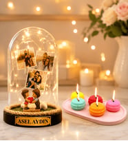 Kişiye Özel Yazılı 3 Fotoğraflı LED Işıklı Fanus (kalp tutan) ve 5'li Kokulu Makaron Mum