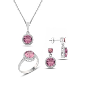 Pembe Taşlı Gümüş Takı Seti