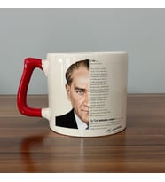 Kişiye Özel İsim Yazılı Atatürk Baskılı Gençliğe Hitabe Yazılı Kırmızı Kulplu Seramik D Kupa (Beyaz)