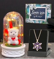 Gerçek Ametist Taşlı Lotus Kolye ve Led Işıklı Tasarım Fanus Hediye Seti (Model 7)