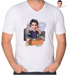 BK Gift Kişiye Özel Erkek Radyocu Karikatürlü V Yaka Tişört-1 (Beyaz)