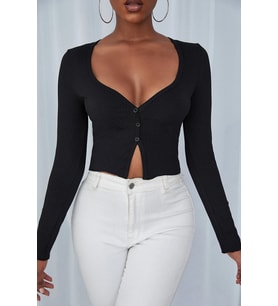 Kadın Siyah Uzun Kollu Düğmeli Göğüs ve Göbek Dekolteli Crop Top Bluz