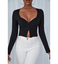 Kadın Siyah Uzun Kollu Düğmeli Göğüs ve Göbek Dekolteli Crop Top Bluz