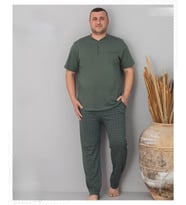 Pijamoni Erkek Battal Düğme Yaka Penye Kısa Kol  Pijama Takımı 6730/5 - 1 Adet (Yeşil)