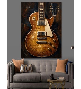 Vintage Gitar Ve Teknik Çizim Dekoratif Kanvas - Mdf Ahşap Tablo