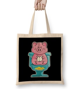 Funny Pig On Toilet Piggy Bank Potty Training Pun Bez Çanta Uzun Saplı