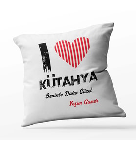 Kişiye Özel Kütahya Seninle Daha Güzel Tema Kare Saten Yastık (Beyaz)