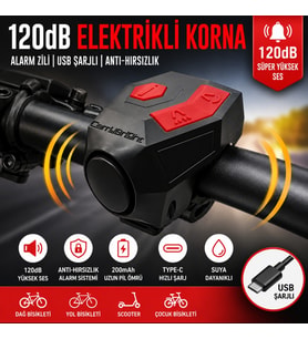 TriLine 120 dB USB Şarjlı Bisiklet Kornası Alarm Zili Anti Hırsızlık Elektrikli Korna Scooter