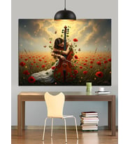 Gitar Çalan Kadın Çiçekler İçinde Dekoratif Kanvas - Mdf Ahşap Tablo