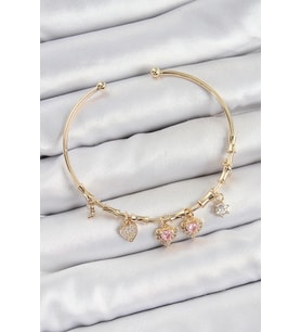 Pirinç Zirkon Taşlı Pembe Kalp Model Gold Renk Charm Bileklik