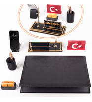 Redora Türk Bayrağı Biblolu Siyah Deri Sümen Seti İsme Özel Ofis Masa İsimliği Masaüstü İsimlik Seti