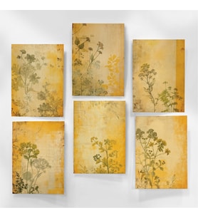A6 (10,5x14,8 cm) 6’lı Vintage Sarı Botanik Kolaj Tasarımlı Scrapbook ve Mektup Kağıdı Seti
