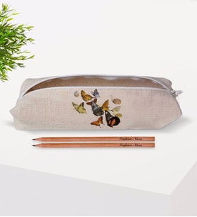 BK Gift Kişiye Özel Kelebekler Tasarımlı Keten Bez Kalemlik ve İsimli Ahşap Kurşun Kalem Hediye Seti-1