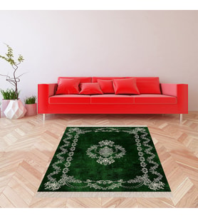 Osmanlı Desen Çerçeveli Dijital Baskı Yıkanabilir Kaymaz Taban Klasik Salon Halısı ve Yolluk (Yeşil) (Zümrüt Yeşili)