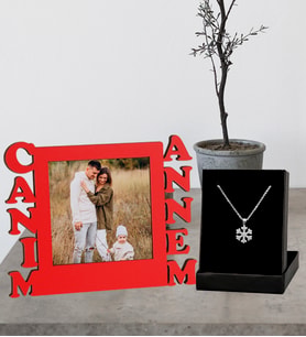 Annelere Özel Canım Annem Tasarımlı Fotoğraflı Kırmızı Çerçeve Ve Gümüş Kartanesi Kolye Set