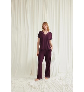 Monamise Kadın Kısa Kollu V Yakalı Dantelli Pijama Takımı 18586 