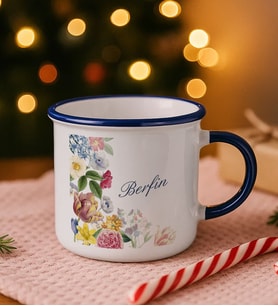 BK Gift Kişiye Özel Çiçek Tasarımlı Lacivert Emaye Kupa Bardak -8, Arkadaşa Hediye, Sevgiliye Hediye