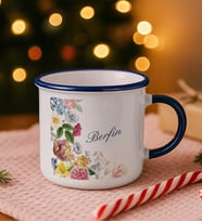 BK Gift Kişiye Özel Çiçek Tasarımlı Lacivert Emaye Kupa Bardak -8, Arkadaşa Hediye, Sevgiliye Hediye