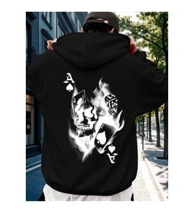 Unisex Oversize Siyah Hoodie Kafatası Zar ve İskambil Baskılı Kapüşonlu Streetwear Sweatshirt