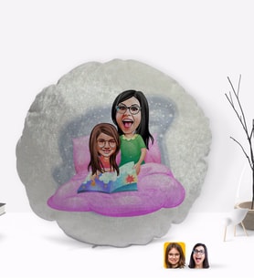 BK Gift Kişiye Özel Anne Kız Karikatürlü Yuvarlak Dekoratif Kırlent Yastık-3