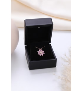 Işıklı Kolye Kutulu Gümüş Kalpli Lotus Çiçeği Kolye  925 Ayar Gümüş Kolye (Pembe)