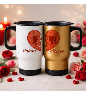 BK Gift Kişiye Özel Sevgili Çift Tasarımlı 2’li Kulplu Beyaz&Gold Çelik Termos Mug 450 ml -1, Sevgiliye Hediye, Sevgililer Günü Hediyesi