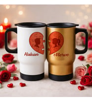 BK Gift Kişiye Özel Sevgili Çift Tasarımlı 2’li Kulplu Beyaz&Gold Çelik Termos Mug 450 ml -1, Sevgiliye Hediye, Sevgililer Günü Hediyesi