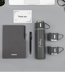 Kişiye Özel Termo Deri Gri Defter & Siyah Mat Roller Kalem & 3 Bardaklı 580 ML Çelik Termos Hediye Seti