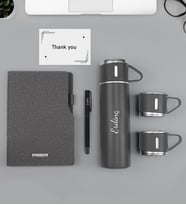 Kişiye Özel Termo Deri Gri Defter & Siyah Mat Roller Kalem & 3 Bardaklı 580 ML Çelik Termos Hediye Seti