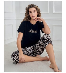 Mihra Kadın Bisiklet Yaka COMPACT PENYE Likralı KAPRİ Kısa Kol Pijama Takımı 90753S - 1 Adet (Siyah)